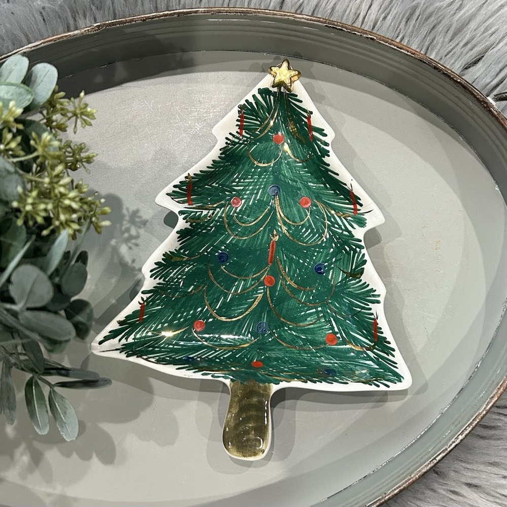 Vintage‎ Italy Ceramic Christmas Tree Dish Plate Handpainted Star 7" 22/331